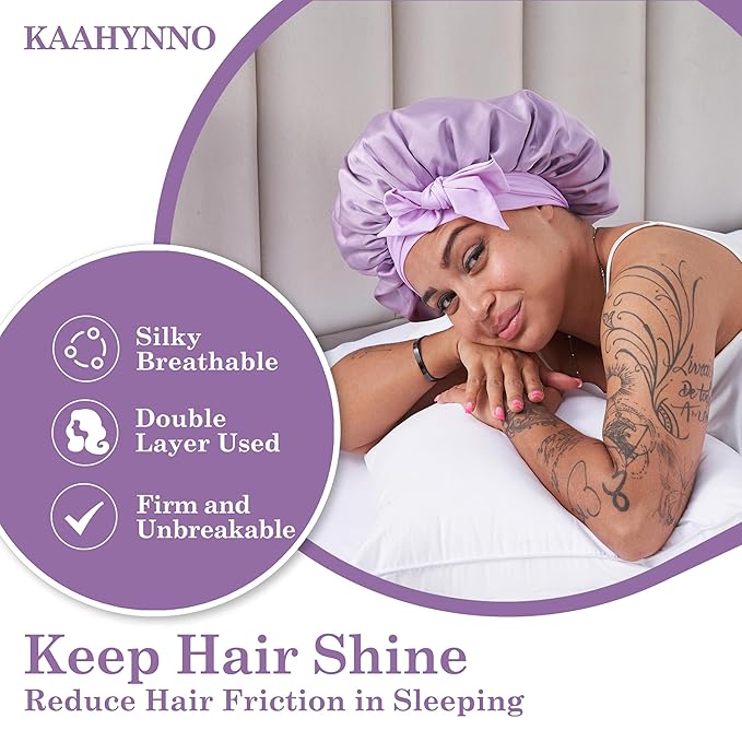 Tie Band Silk Satin Bonnet for Sleeping Hair: Women Sleep Night Wrap Cap for Straight Wavy Curly Coily Kinky Natural Hair Head - Lavender Purple