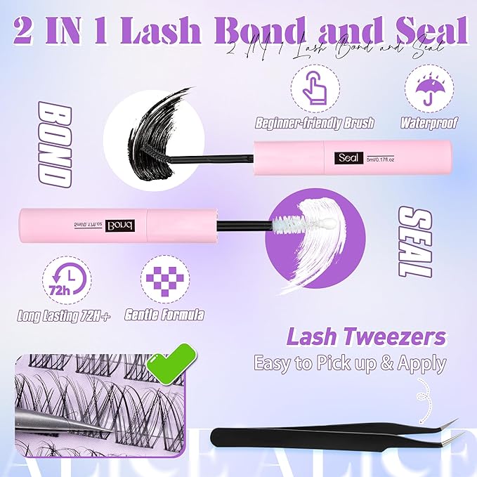 ALICE Wispy Lash Clusters Kit, Natural Lash Extension Kit Cluster Eyelash Extension Kit, 162pcs C-Curly 10-14mm Eyelash Clusters with Lash Glue Bond and Seal Tweezers