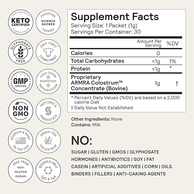 ARMRA Colostrum Powder | Unflavored | Gut Health & Bloating | Skin & Hair | Immunity | Keto, Gluten & Fat-Free | 60 Servings