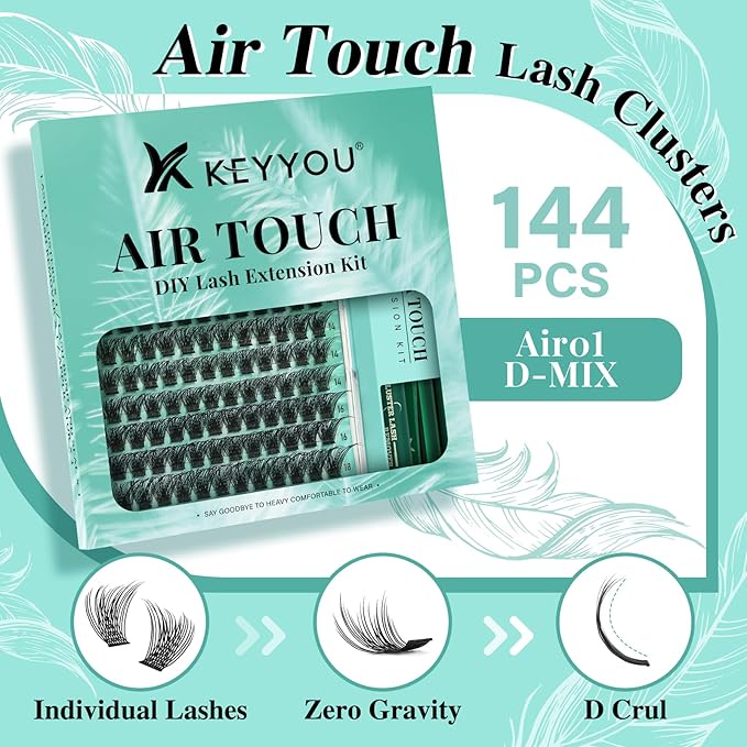 KEYYOU Lash Extension Kit 144pcs Air Touch Lash Clusters with Bond and Seal Lash Applicator Remover D Curl DIY Eyelash Extension Kit Easy to Apply at Home(Air01Kit-D-8-18Mix)