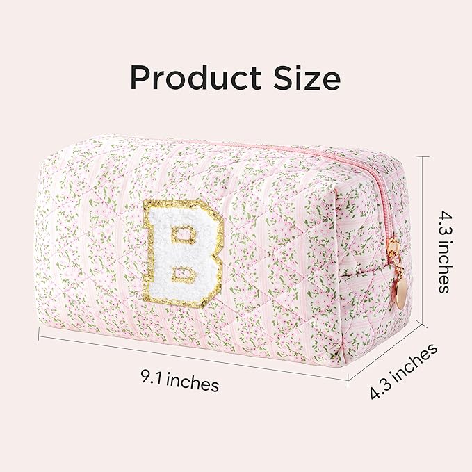 HBselect Initial Makeup Bag for Women, Pink Cosmetic Travel Toiletry Bag, Flowers Zipper Make Up Pouch Organizer Teen Girl Gifts Trendy Stuff B