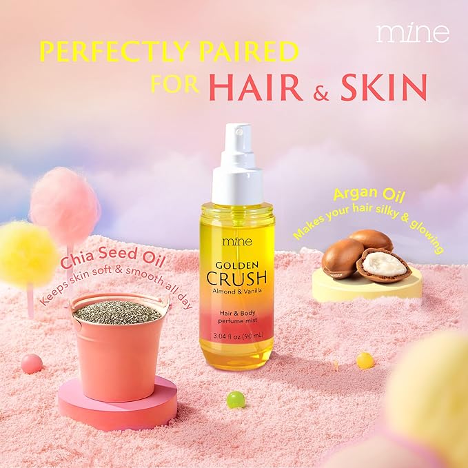 Mine Hair Perfume, Hair and Body Mist - Valentines Day Gifts for Teen Girls and Women - IFRA Safety Certificate, Long Lasting, Freshen Hair, Body & Pillows - Almond & Vanilla Scent - 3.04 oz