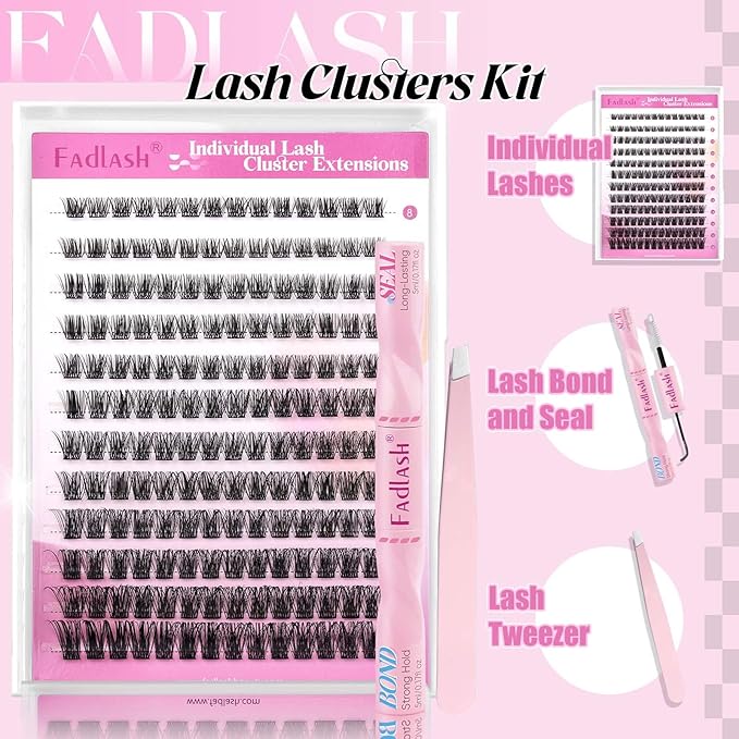 FADLASH Lash Clusters Kit DIY Lash Extension Kit D Curl 0.07 Natural Eyelash Extension Clusters Wispy Lash Clusters with Lash Bond and Seal Lash Tweezer for Self Application(F34-0.07D, 8-16mm Kit)