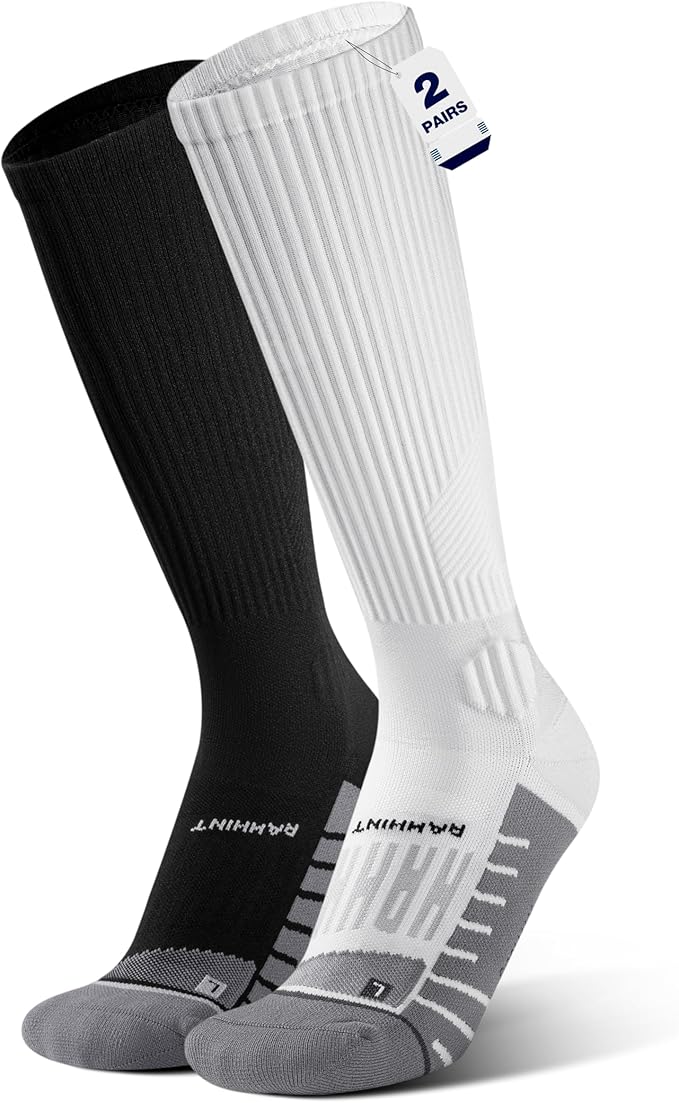 Rahhint Coolmax 20-30 mmHg Compression Running Socks, Long Distance Anti Blister Cushion Moisture Wicking Tall Athletic Socks