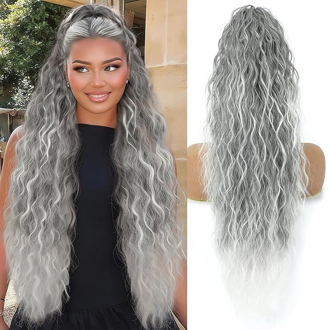 Ponytail Extension, Claw Clip on Pony tails Hair Extension for Women 28 Inch Long Wavy Curly Fake Ponytail Clip in Hair Pieces for Women Fluffy Natural Looking (Omber Grey,28Inch)