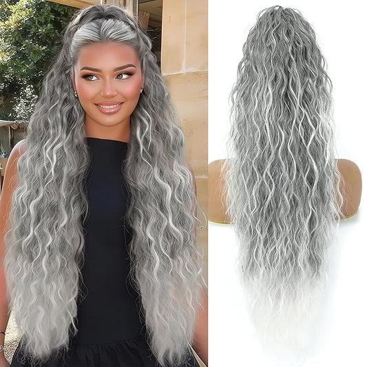 Ponytail Extension, Claw Clip on Pony tails Hair Extension for Women 28 Inch Long Wavy Curly Fake Ponytail Clip in Hair Pieces for Women Fluffy Natural Looking (Omber Grey,28Inch)