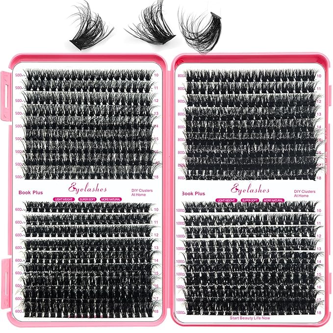 Qiveaory DIY Lash Extension Kit 684pcs Lashes Clusters Thick D Curl Eyelash Extension Kit with Lash Bond and Seal,Eyelash Remover Tweezers Brush(10-18mm,50D+60D+80D+100D) DIY at Home