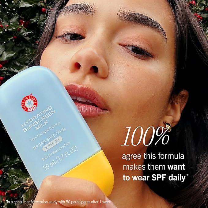 First Aid Beauty - Hydrating Sunscreen Milk with Colloidal Oatmeal, Broad Spectrum SPF 45, Non-comedogenic SPF Formula Helps Nourish Skin with Organic UV Filters & Glycerin, 24-hour Hydration, 1.7 oz | Non-comedogenic, SPF Formula, Helps Nourish Skin
