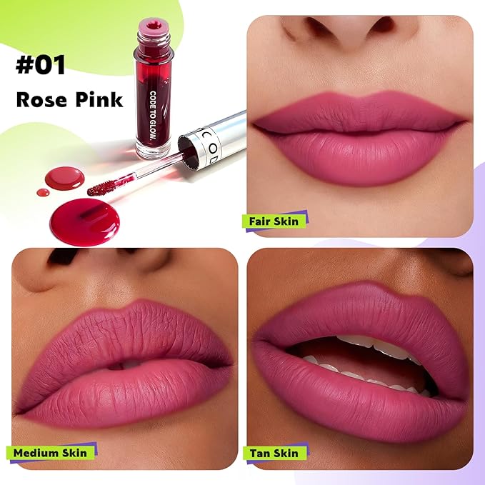 Glam Code Lip Stain Wipe-Off Lip Tint Waterproof Non-stick to Cup Transfer-Resistant, Smudge-Proof Easy Wipe Finish, High Pigment | All-Day Vibrant Kiss-Proof Lip Stain - 01# Rose Purple