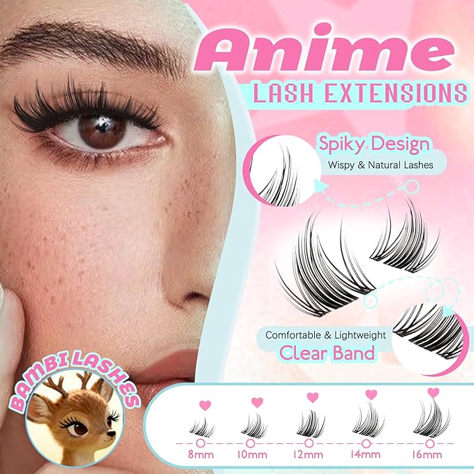 Lash Clusters Fairy Manga Lash Clusters Clear Band Fairy Anime Cluster Lashes 120Pcs C Curl 8-16MM Spiky Individual Lshes for DIY Cosplay Manga Eyes at Home (Iris)