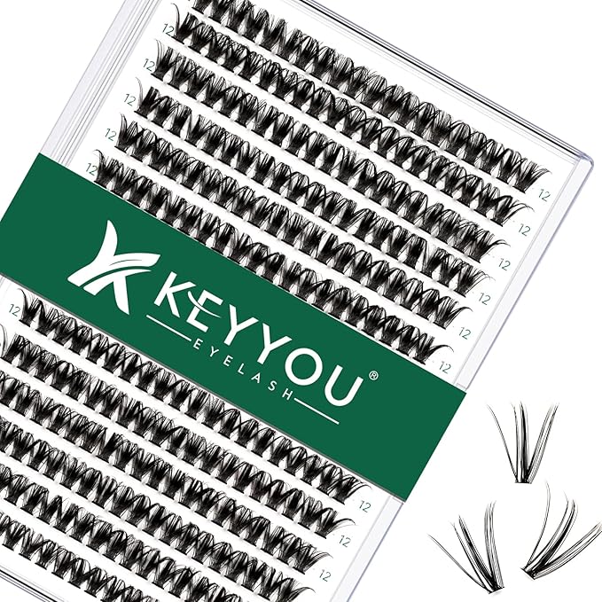 Lash Clusters 300pcs Individual Lashes 50D 0.07C Curl 12mm DIY Eyelash Extension KEYYOU Large Tray Volume Soft&Natural Cluster Lashes(50D-0.07C,12）