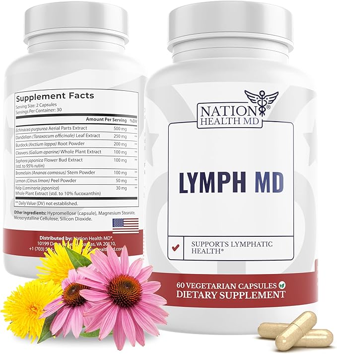 NATION HEALTH MD Lymph MD - Lymphatic Drainage Supplement - with Bromelain, Echinacea, Burdock Root, Dandelion, Rutin, Kelp & More - Lymph System Support for Women & Men - 60 Capsules
