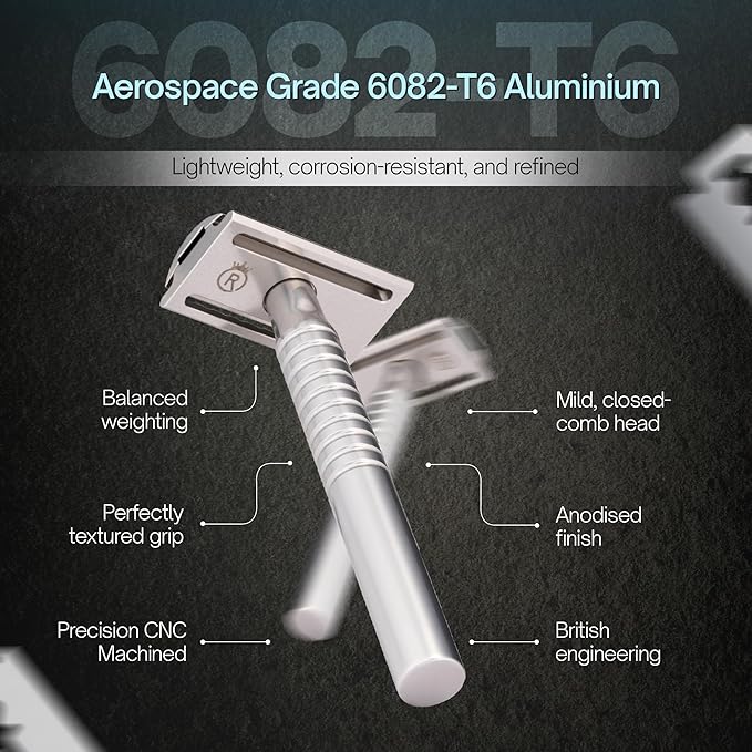 Reggie’s Razors Jupiter Aluminum Safety Razor for Men - Double Edge Shaving Razor, CNC-Machined - Made in UK - Aerospace Grade, Textured Grip, Suitable All Skin Types - Includes 10 Blades - Silver