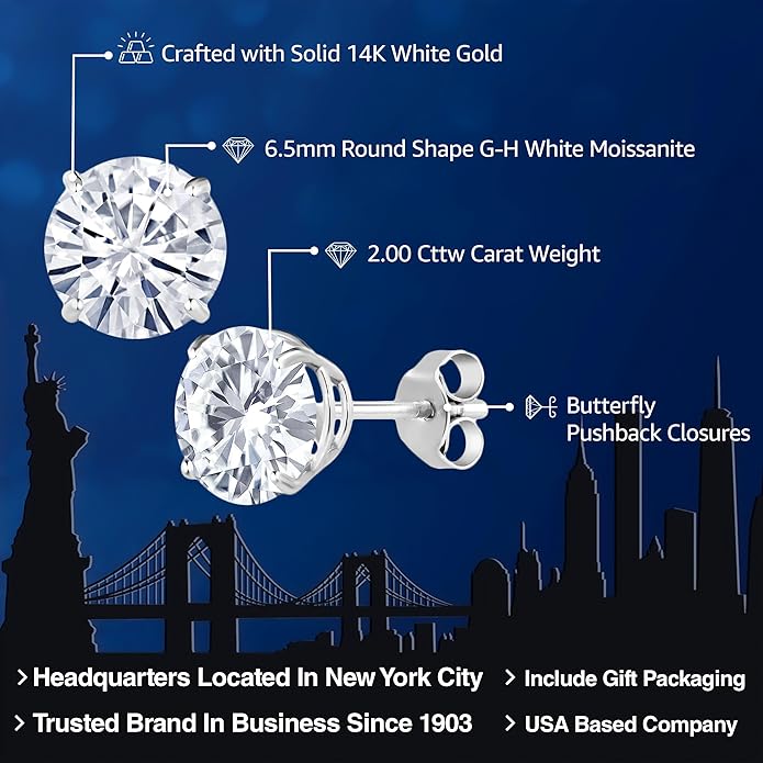Gem Stone King 2.00 Cttw 14K Gold Moissanite Earrings | 6.5MM Round Stud Earrings | Gold Earrings For Women Men | Fine Jewelry Gifts for Her Mom Women Wife