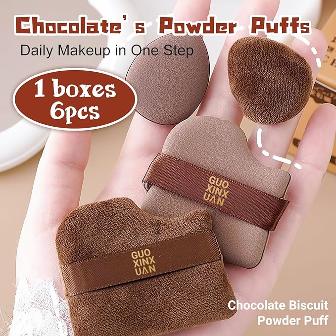 2 Box Guoxiaoniu Chocolate Color Quick Makeup Foundation Puff Set，Sponge Air Cushion Powder Puff，Mini Powder Puff Collection (1 Box of 6 PCs)