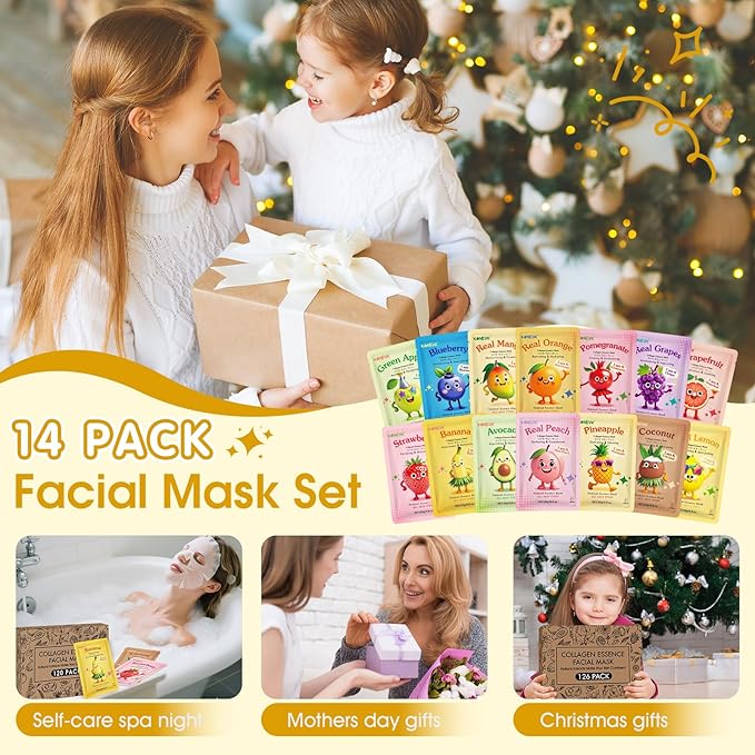 126 Pack Sheet Hydrating Face Masks Skincare for Women, Bulk Fruit Face Mask Skin Care for Kids, Facial Masks Set for All Skin Types, Birthday Valentines Day Gifts, Spa Party Supplies for Girls Teens