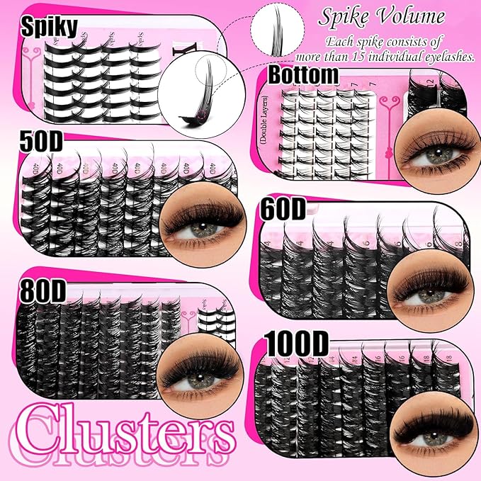 YIDUO Lashes Clusters Kit Bottom Lashes Clusters with Spikes Wispy Manga Volume Thick Individual Lash D Curly Cluster Eyelash 600pcs Cluster Eyelash Extensions with Lash Bond and Seal Tweezers Remover