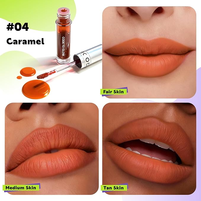 Glam Code Wipe-Off Lip Gloss, Non-Sticky Lip Stain Highly Pigmented Matte Lip Tint Waterproof Transfer-Resistant Long-lasting Lipstain Lightweight - 04# Caramel