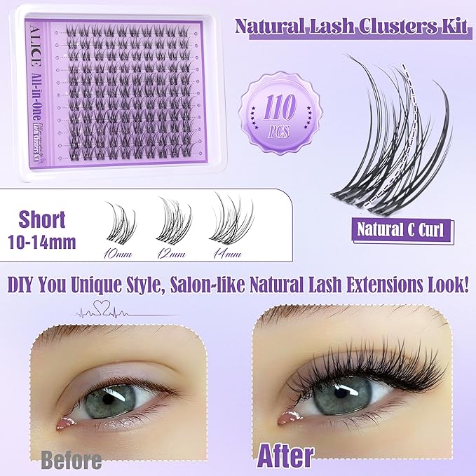 ALICE Natural Lash Extensions Kit Invisible Band Lash Clusters Kit Wispy10-14mm Eyelash Extensions C-Curly Individual Cluster Lashes Kit with Lash Remover DIY at Home