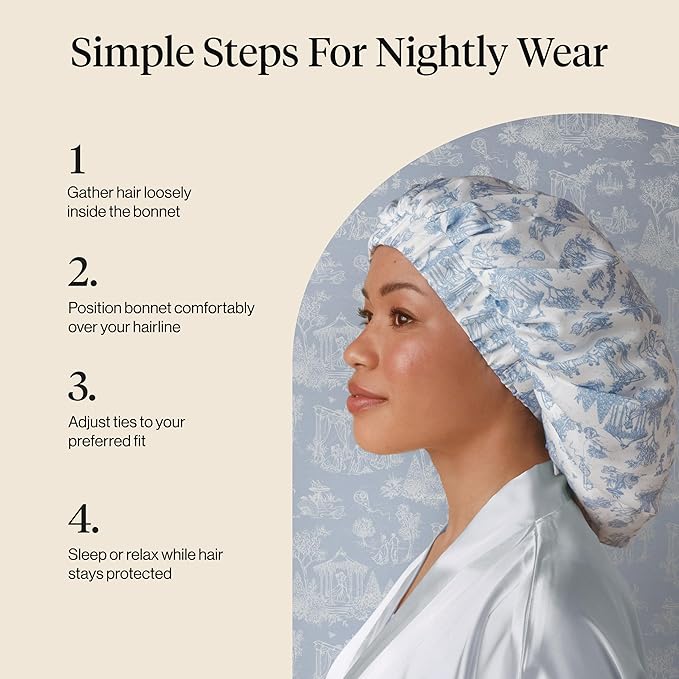 Kitsch x Bridgerton Satin Bonnet for Sleeping - Softer Than Silk Bonnet For Sleeping Women - Secure Fit, Adjustable, Night Cap For Curly & Textured Hair - Prevents Breakage & Tangles - Garden Toile