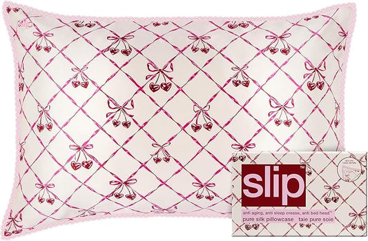 slip Queen Silk Pillowcase – Sweet Cherry Limited Edition with Lace Trim – 100% Pure Mulberry Slipsilk™ – Anti-Frizz, Anti-Crease, Anti-BedHead