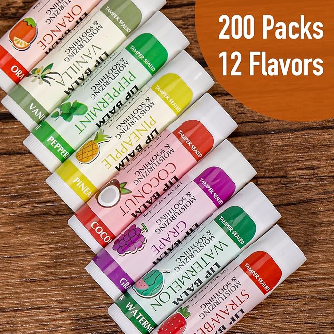 AZEN 200 Pack Lip Balm, Natural Lip Balm Bulk, Lip Care Product, Moisturizing Lip Balms for dry cracked lips - 12 Flavors