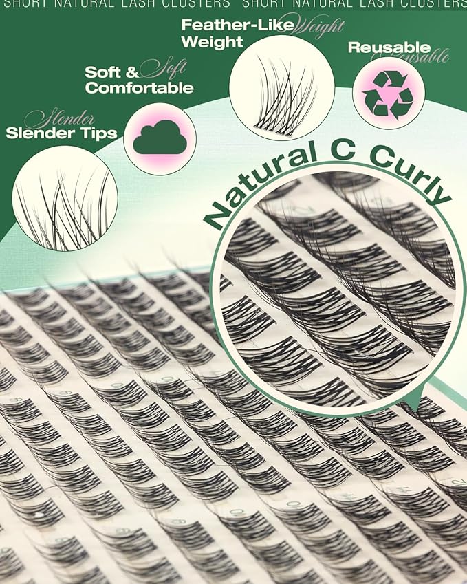 Short Lash Clusters Kit 8-12MM Natural Lash Extension kit Invisible Band Eyelash Clusters Wispy Cluster Eyelash Extensions C Curly DIY Cluster Lashes Bond and Seal Tweezers by Lvmixwig
