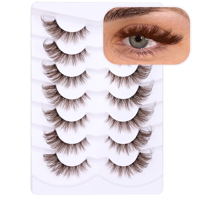Brown Eyelashes Fairy Lashes Cat Eye Wispy False Eyelashes Strip Lashes Mink Flutter Strip Lashes Brown Fox Eye Long Volume Fake Eyelashes 7 Pairs ALICROWN