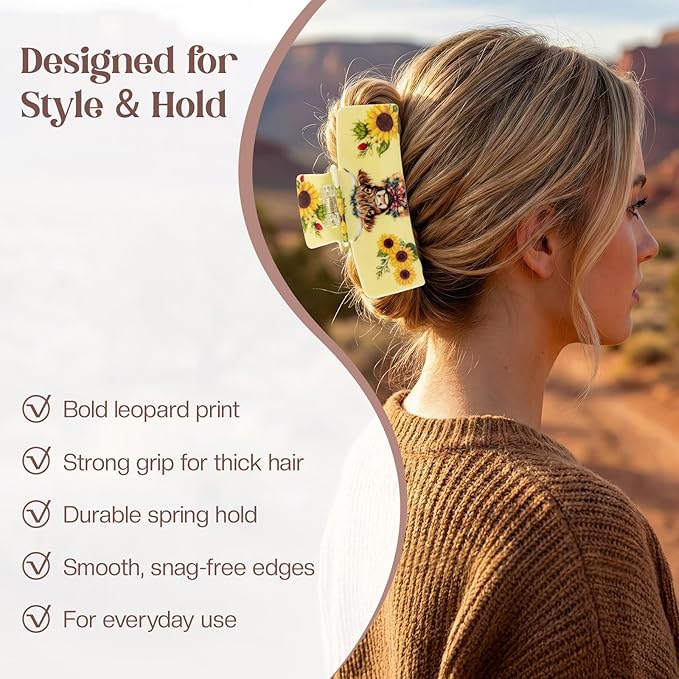 Medium Hair Claw Clips with Cow Sunflower Design, Jaw Clip for Hair, Non-Slip Strong Hold Hair Clamps for Thick & Thin Hair, Animal Hair Accessories for Women Daily Wear, Travel, Party Decor