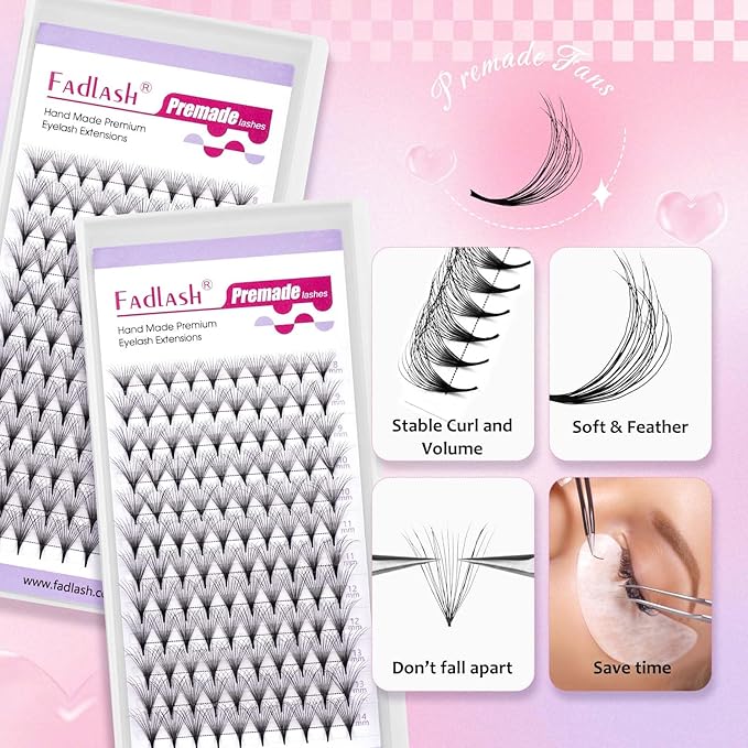 FADLASH Premade Lash Fans Double Layers Fluffy Premade Fans Eyelash Extensions 0.07 Thickness D Curl 10D Volume Lashes Premade Easy Fan Lashes (10D-0.07-D, 8-14mm Mix)