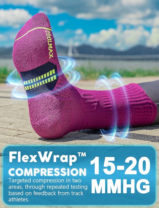 Juclise Womens Coolmax Bamboo Viscose Compression Running Crew Socks, Moisture-Wicking Anti-Blister Hiking&Gym Athletic