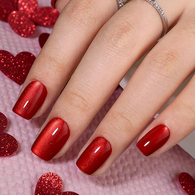 RPNZL Press On Nails - Ruby | Red Cat Eye Short Square UV Finish Nails, Salon Quality | 32 Nails, 16 Sizes Kit with Glue and Adhesive Tabs I Female Founded