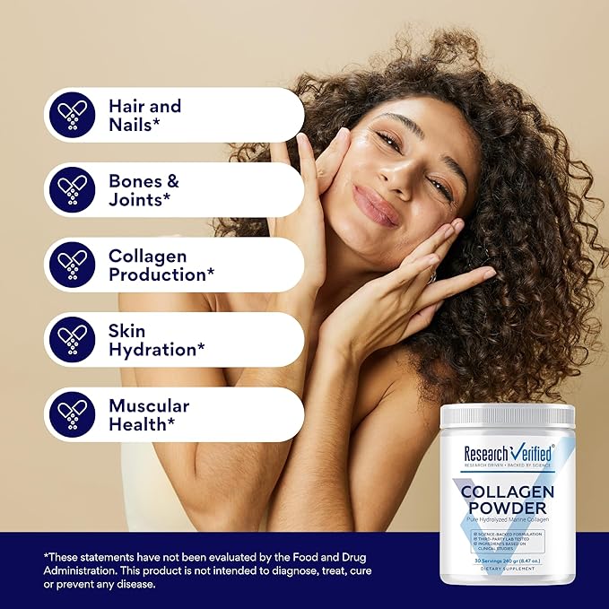 Research Verified® Collagen Powder - Hydrolyzed Marine Collagen Peptides - Unflavored - Skin Hydration and Elasticity, Muscle Recovery, Non GMO - 30 Scoops Per Container - 1 Month Supply