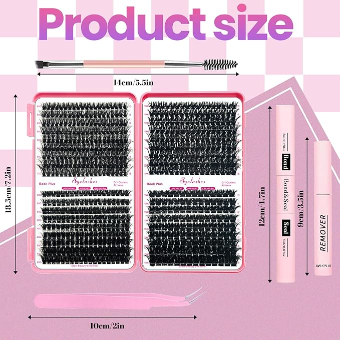 Qiveaory DIY Lash Extension Kit 630pcs Lashes Clusters Thick D Curl Eyelash Extension Kit with Lash Bond and Seal,Eyelash Remover Tweezers Brush(10-18mm,60D+80D+100D+150D) DIY at Home