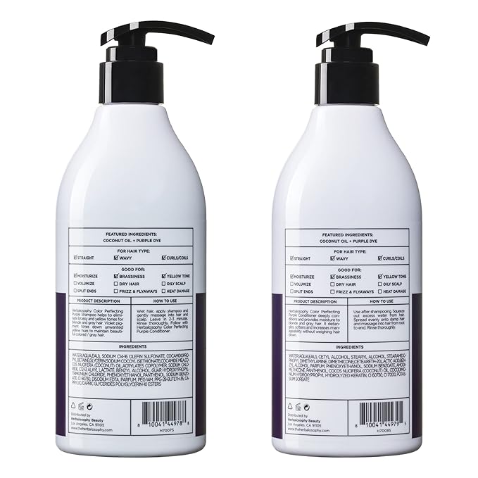 Herbalosophy Purple Shampoo & Conditioner Set for Blonde Gray Hair, Eliminates Brassy and Yellow Tones, Infused with Cocos Nucifera Oil, Free of Sulfate, Parabens and Gluten, 2 x 16.9 Fl Oz