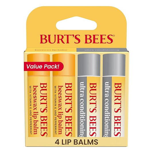Burt's Bees Lip Balm Beeswax and Ultra Conditioning Lip Balm Pack, Hydrating Lip Moisturizer with Kokum and Shea Butter, Natural Origin Lip Care, 4 Tubes, 0.15oz.
