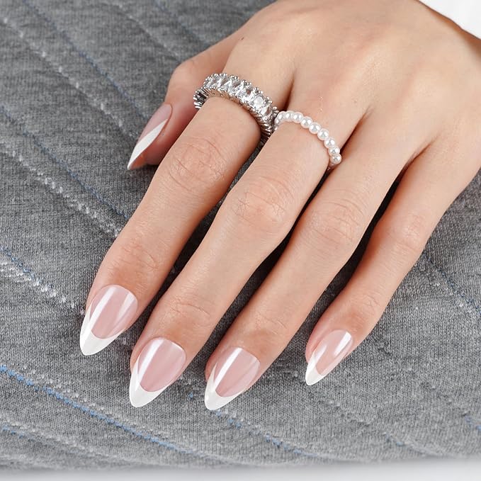 Canvalite French Tip Press On Nails Short, Chrome Almond Press on Nails Reusable Acrylic Fake Nails with Glue & Glue Remover Easy to Use 30Pcs Manicure Kit for Women, Natural White