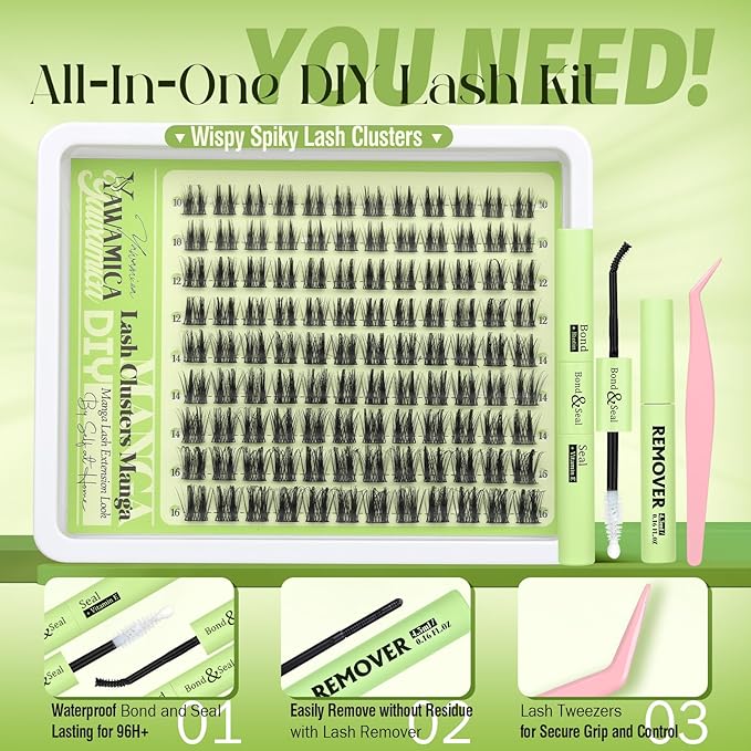 Wispy Lash Clusters Kit Natural Eyelash Clusters Spiky Lash Extension Kit Pestañas Postizas Naturales C Curl Individual Lashes 10-16mm Cluster Eyelash Extensions Kit with Remover DIY Lash at Home