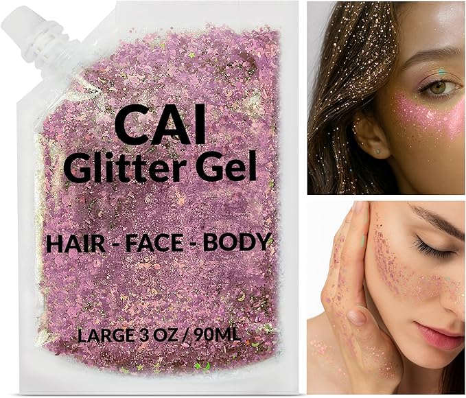 Face, Body & Hair Glitter Gel – Halloween Glitter for Kids and Women – 3 Oz Cosmetic-Grade Gel w/Moon & Stars for Festivals & Halloween Party, Easy Apply & Wash Off - Rose/Gold 2Pack