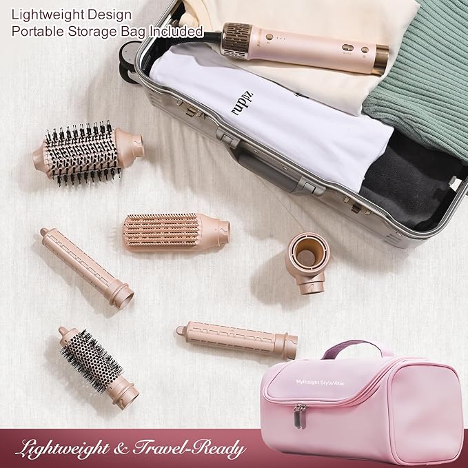 Mythsight StyleVibe 6-in-1 Air Styler, Hair Dryer & Blow Dryer Brush with Travel Case - Auto Wrap Curls (L/R), Fast Drying, Thermal Round Brush for Smooth Blowouts & Frizz-Free Volume, No Heat Damage