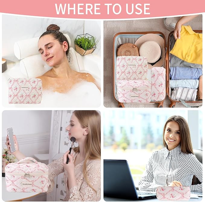 LAKSMI 3PCS Cotton Quilted Floral Makeup Bag Set for Women, Cute Make Up Bags with Brush Pockets, Large Wide-Open Toiletry Pouch Gifts for Toiletries Accessories Travelling Essentials