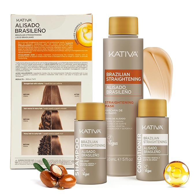 KATIVA Brazilian Keratin Treatment Kit at home Formaldehyde Free Hair Straightening with Hyaluronic Acid, Up to 12 Weeks Frizz Control for Curly, Wavy, Frizzy Hair (Straightening Kit)