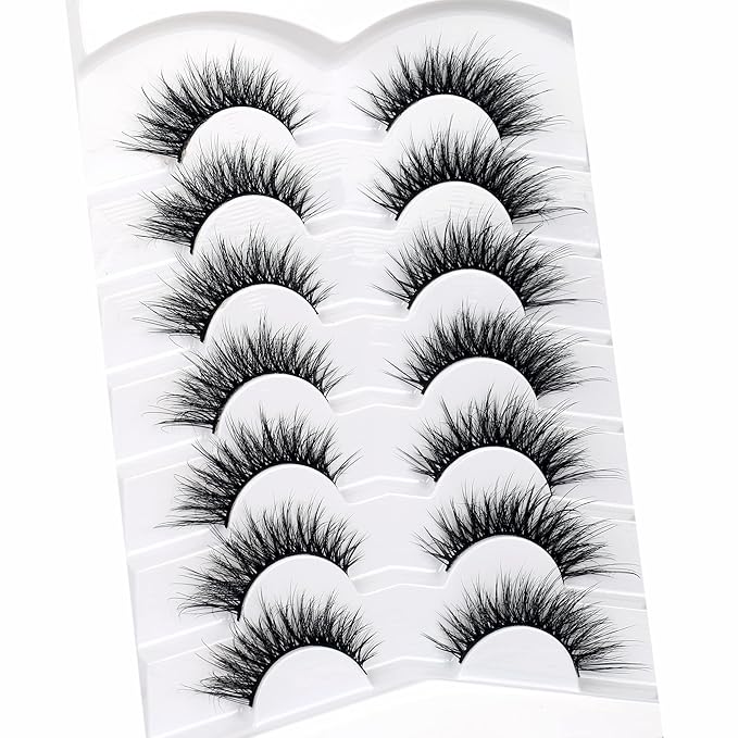 Pooplunch False Eyelashes Natural Fluttery Lashes Wispy 8D Volume Cat Eye Crossed Fake Eyelashes Faux Mink Lashes Strips 7 Pairs Pack