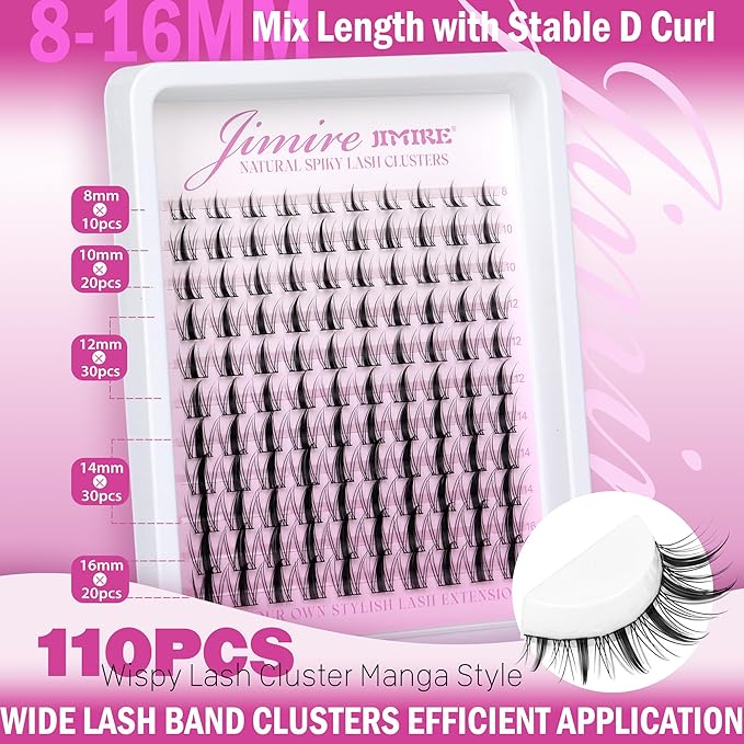 JIMIRE Lash Clusters Kit Manga Cluster Lashes Natural Look Wispy DIY Lash Extension Kit with Lash Bond and Seal Waterproof 110Pcs 8-16MM Wispy D Curl Individual Lashes Wet-Look Eyelash Extension