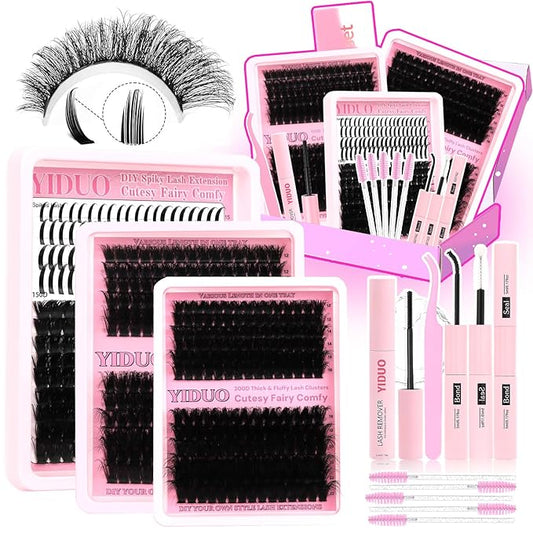 YIDUO 575Pcs Lashes Clusters Kit with Glue and Removers, D Curl Volume 150D+200D Thick+Spiky Lashes Extension, 12-21mm Thick Extension Eyelashes DIY Individual False Eyelash Kit DIY at Home Easily