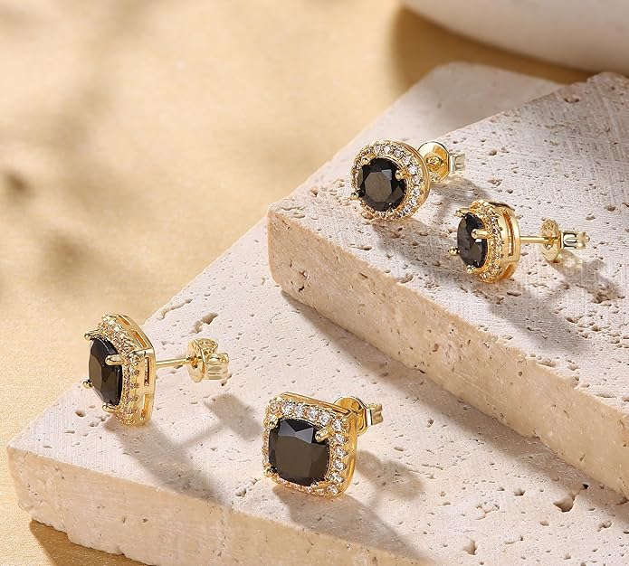 Hayoso 18K Gold Plated Halo Stud Earrings 925 Sterling Silver Cubic Zirconia Stud Earrings Round Square Diamonique Stud Earrings Set for Women Men