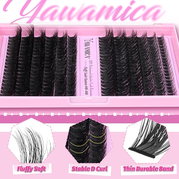 Yawamica Lash Clusters 60D 80D Thick Volume Cluster Eyelash Extensions Fluffier Eyelash Clusters 10-20mm Wispy Lash Extension D Curly Individual Lashes 280pcs DIY Lash at Home