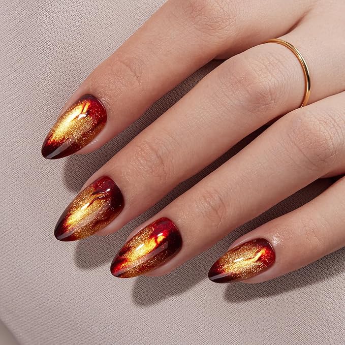 VSALON Press on Nails Short Almond - Golden Spakly Cat Eye Glitter Flame Design, Reusable Opaque Gel Magnetic Effect Fake Nails with Glue & Cuticle Oil - 32 PCS in 16 Sizes Valentines Gift for Women