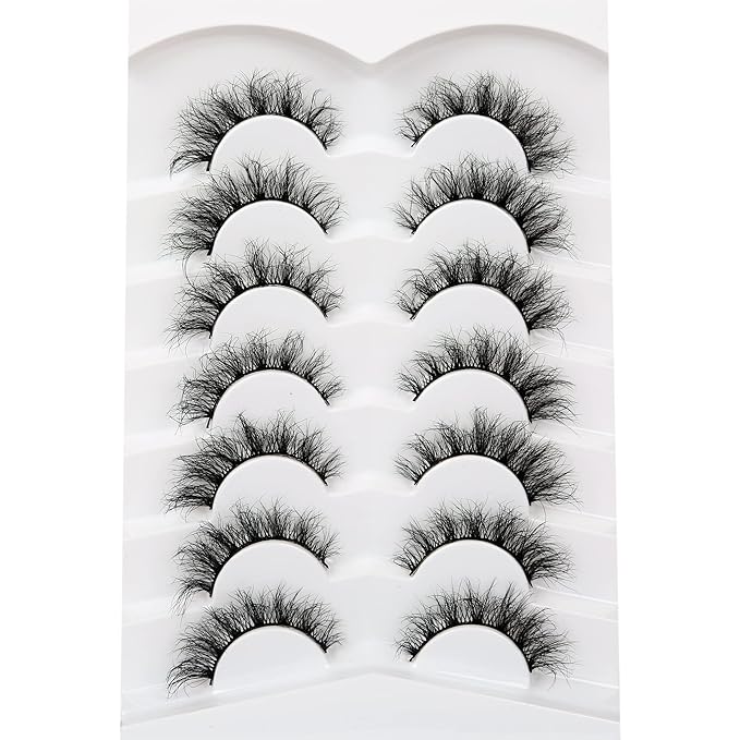 Pooplunch False Eyelashes Cat Eye Look Lightweight Natural Wispy 8D Volume Faux Mink Lashes Short Curly Fake Eyelash Strips 7 Pairs Pack