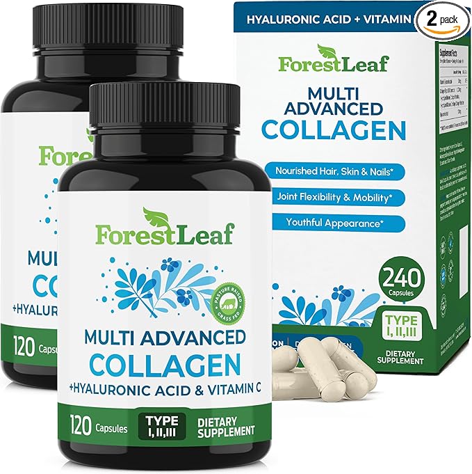 ForestLeaf Multi Collagen Pills with Hyaluronic Acid + Vitamin C | Hydrolyzed Collagen Supplements for Women or Men | Multi Collagen Capsules Peptides for Skin, Wrinkles, 240